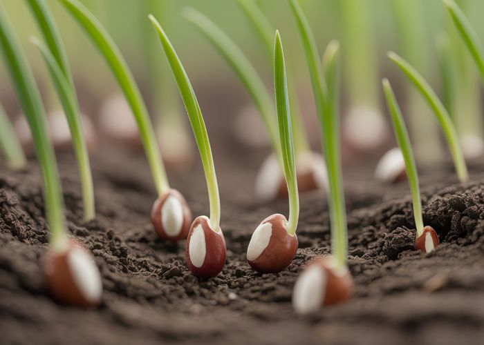 Kentucky bluegrass seed germination showing emerging root and sprout.