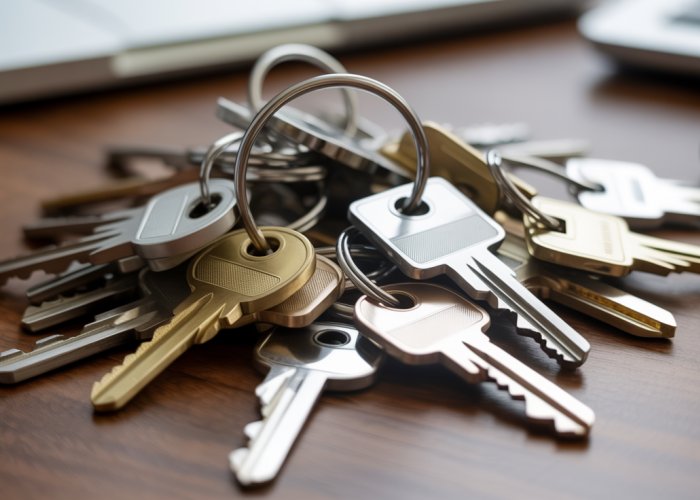 Pile of keys on a desk, some highlighted for removal, representing decluttering and simplifying access.