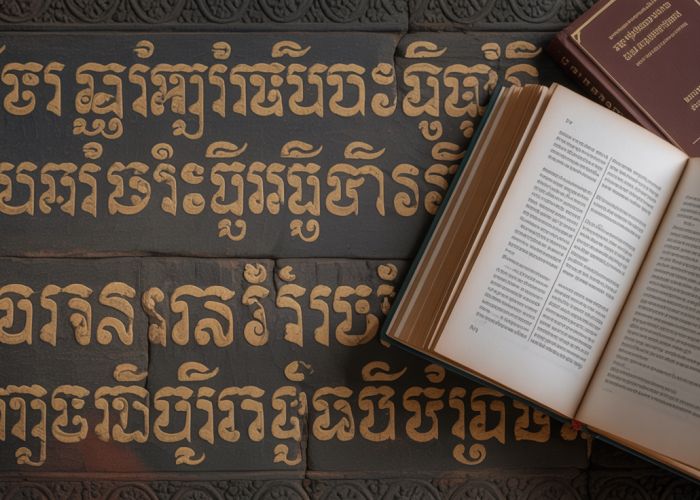 Ancient Khmer script and modern Khmer book representing the heritage of the Khmer language in Cambodia.