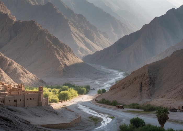 Dramatic view of the Khyber Pass in India, highlighting its rugged mountains and strategic location.