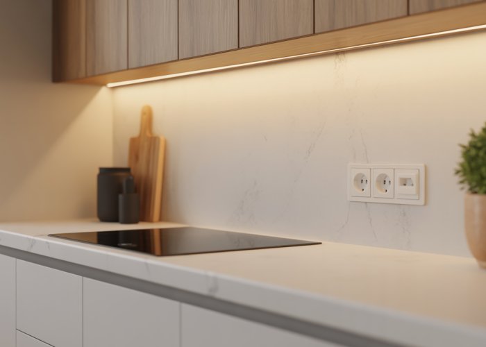 Modern kitchen counter with electrical outlet at optimal height.