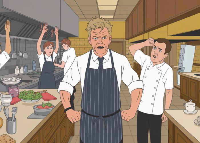 Gordon Ramsay visibly frustrated in the disorganized and chaotic kitchen of Jack's restaurant, featured on Kitchen Nightmares.