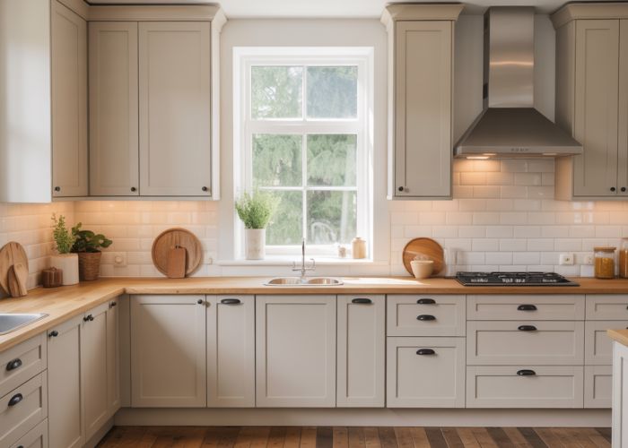 Kitchen cabinets painted in a satin sheen for a durable and elegant finish.