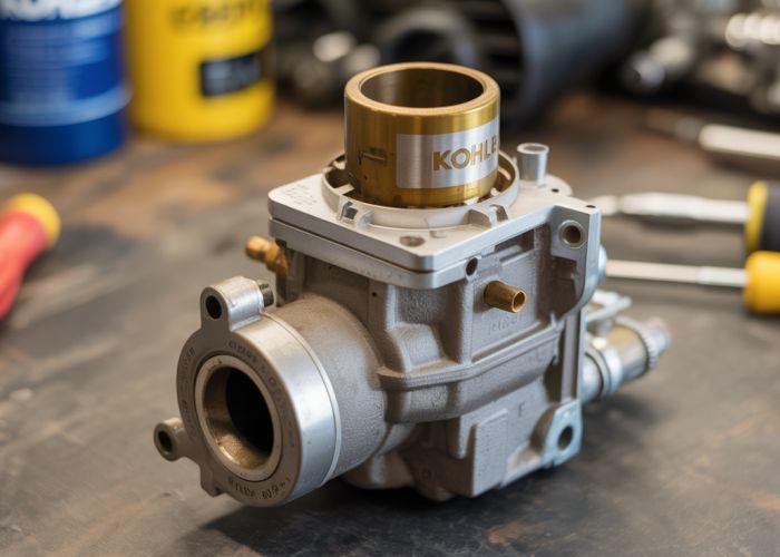 Kohler carburetor disassembled for troubleshooting and cleaning.