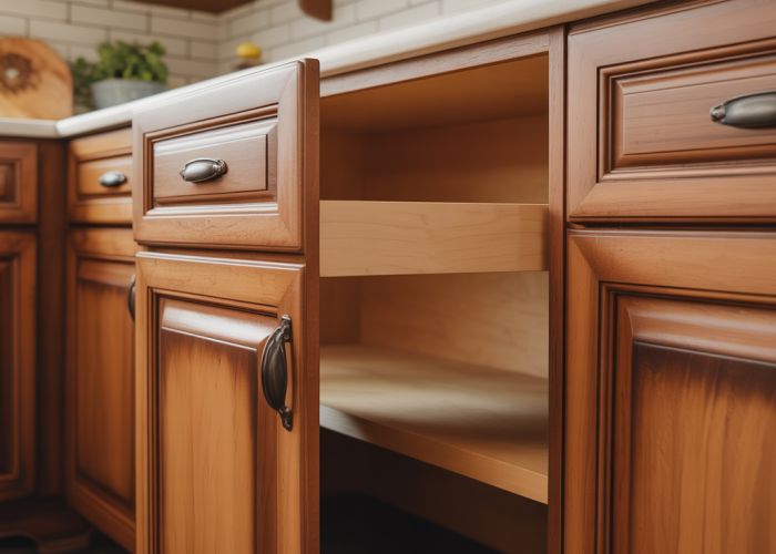 Close-up of KraftMaid kitchen cabinet showcasing the quality of construction, finish, and hardware.