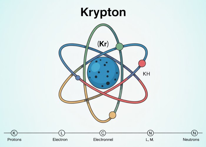 Diagram of the Krypton atom showing its electron configuration, nucleus with protons and neutrons, and labeled electron shells.