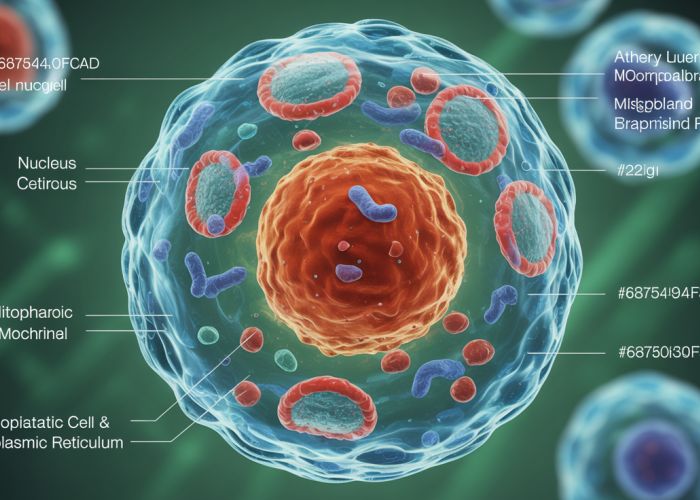Microscopic image of a labeled eukaryotic cell, highlighting the nucleus, cytoplasm, cell membrane, mitochondria, and endoplasmic reticulum.