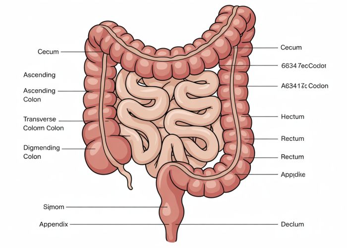 Labeled diagram of the human large intestine highlighting cecum, ascending colon, transverse colon, descending colon, sigmoid colon, rectum, and appendix.