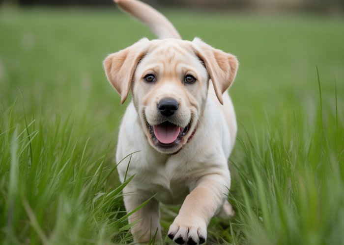 Yellow Labrador Retriever puppy playing in a grassy field, illustrating recessive epistasis in coat color.