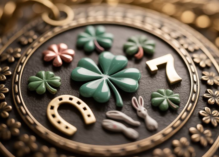 Vintage lucky charm featuring four-leaf clover, horseshoe, rabbit's foot, and number seven.