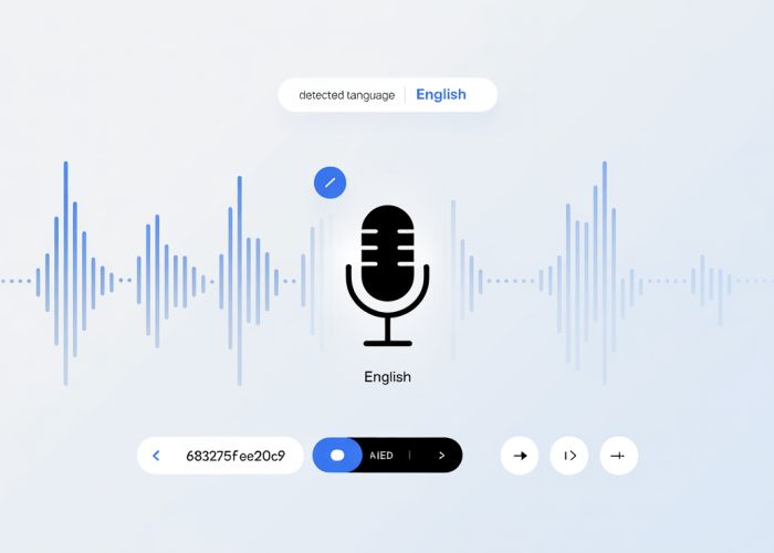 Audio waveform displaying language detection in English.