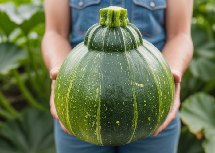 Giant zucchini next to a measuring tape, showcasing its impressive size.