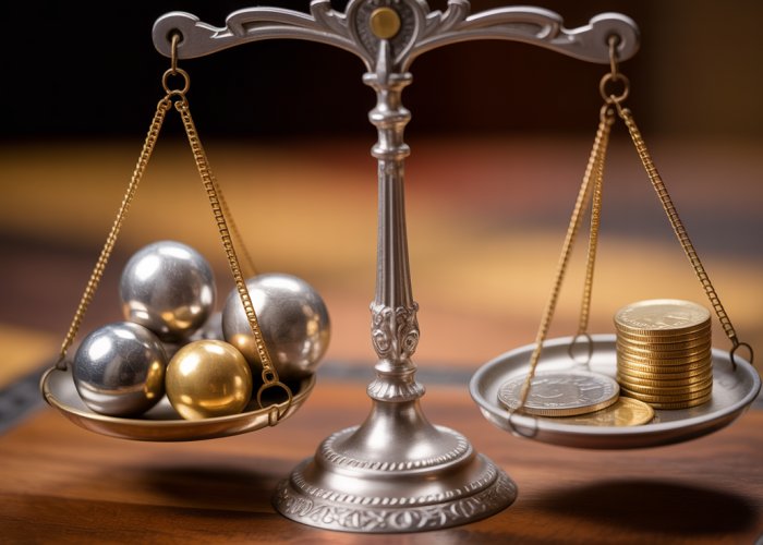 Antique scale perfectly balanced with gold and silver coins, illustrating the Law of Constant Composition.