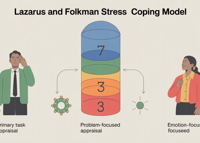 Diagram illustrating the Lazarus and Folkman stress and coping model, showing appraisal processes and coping strategies.