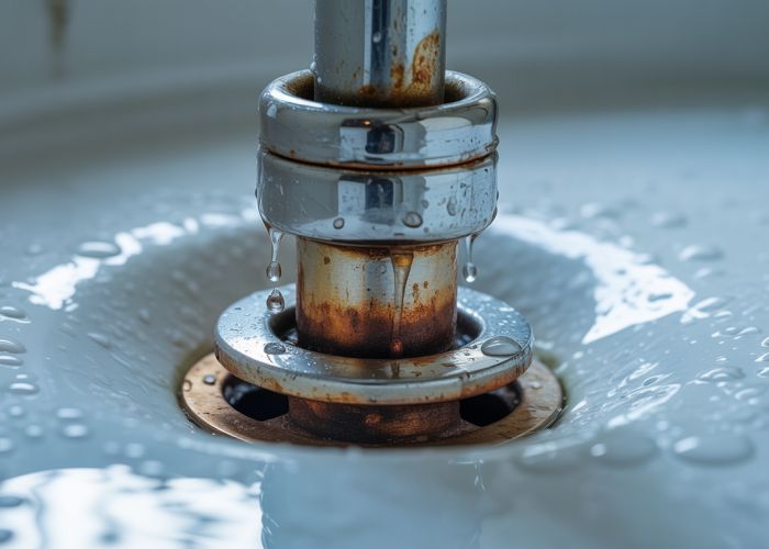 Leaking bathtub drain showing signs of corrosion and water damage.