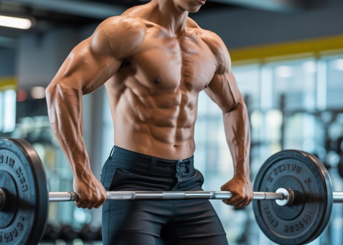 Weightlifter with visible lean muscle mass demonstrates proper form in a gym.