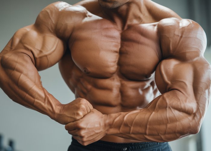 Close-up of a person's arm flexing, showcasing lean muscle mass and definition.