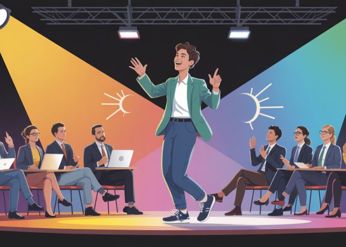 Young entrepreneur delivering a compelling 'lean to pitch' to investors.