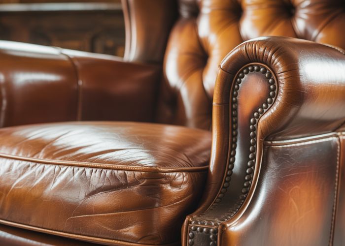 Close-up of a worn leather armchair showing rich texture and color variations.