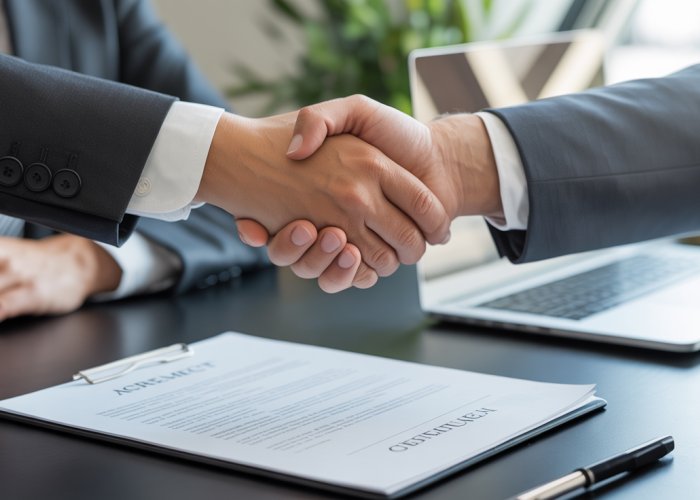 Two people shaking hands over a contract, symbolizing a legally enforceable agreement.
