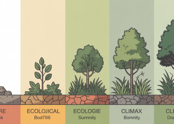 Illustration showing the stages of ecological succession, from pioneer species on bare rock to a mature forest climax community.