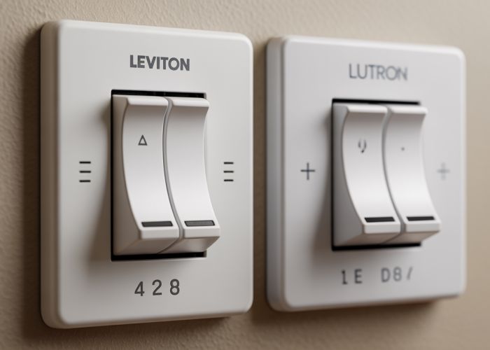 Leviton dimmer switch vs. Lutron dimmer switch side-by-side, highlighting aesthetic and functional differences.