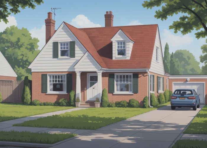 Classic Cape Cod style Levittown house with green lawn and driveway.