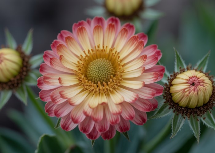Macro image of a flower showing both blooming and decaying petals, illustrating the cycle of life and death.