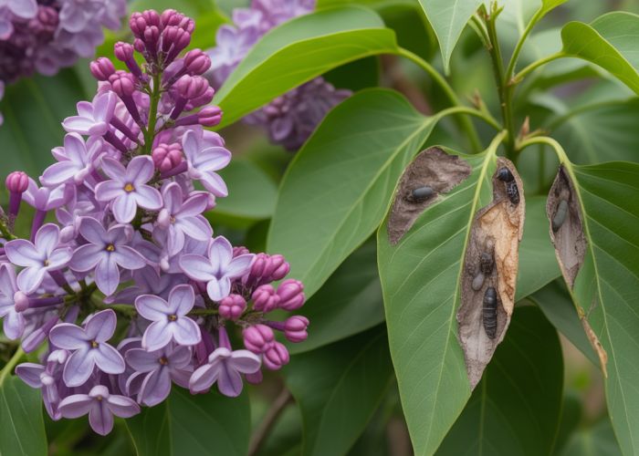Lilac bush showing pest damage compared to healthy foliage.