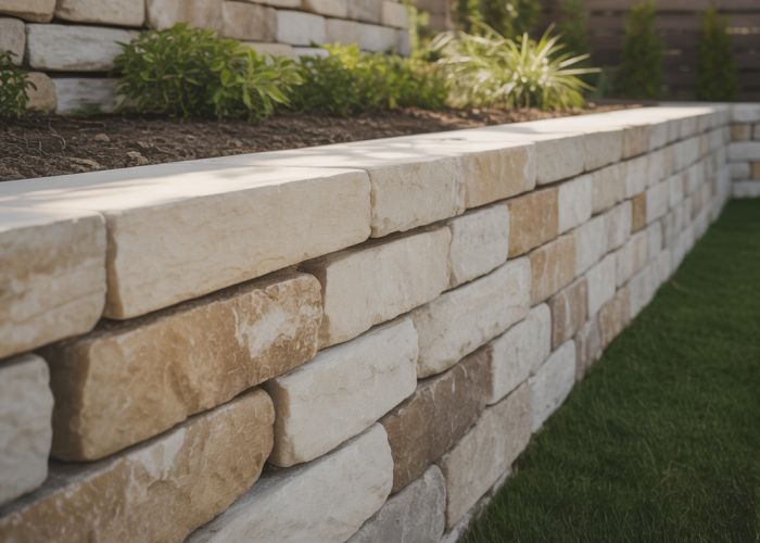 Limestone retaining wall supporting a landscaped garden bed.