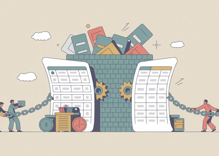 A visual representation of the limitations of budgeting, showing employees struggling with outdated spreadsheets and unexpected expenses within a confined space.