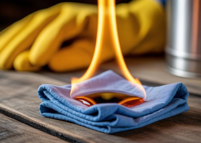 Linseed oil soaked rag spontaneously combusting. Always dispose of oil-soaked rags properly to prevent fire hazards.