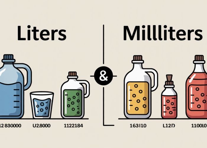Infographic comparing liters and milliliters, illustrating the relationship between the two units with everyday examples.