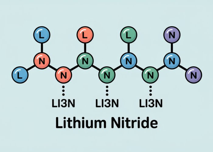 Diagram of Lithium Nitride (Li3N) structure showing lithium and nitrogen ions and ionic bonding.