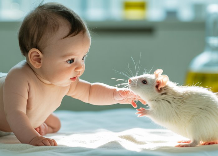 Baby reaching for a white rat in a laboratory setting, referencing the Little Albert experiment in psychology.