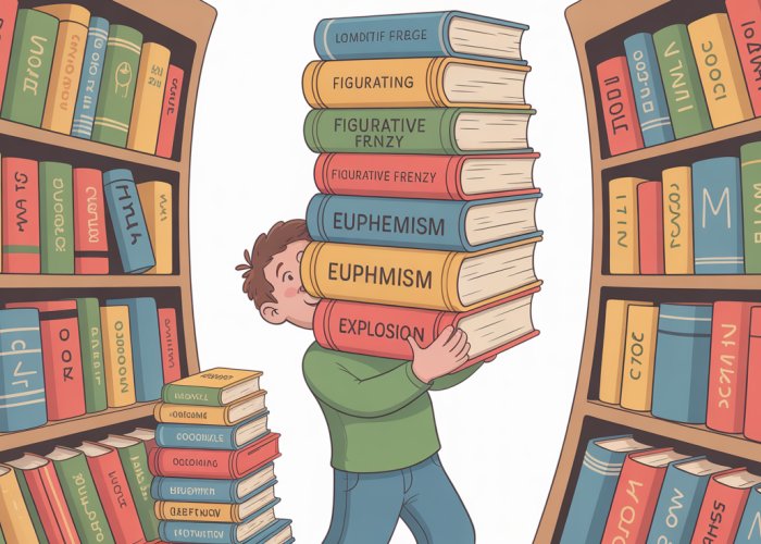 Illustration of a fantastical library filled with books about idioms and figurative language, representing the concept of 'loaded language'.