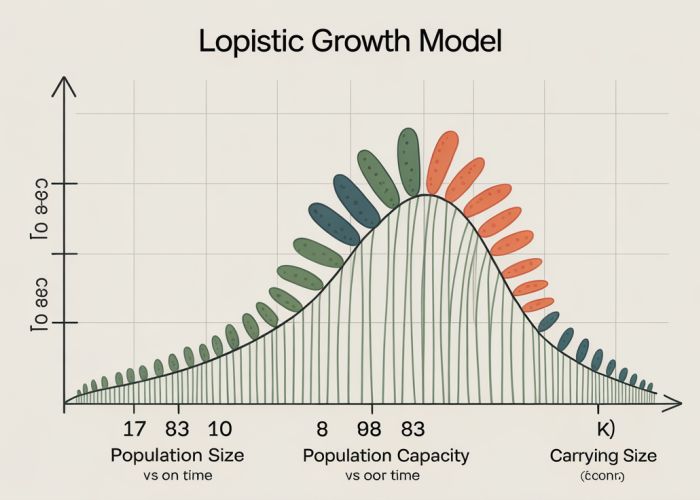 Graph showing logistic growth model, starting with exponential growth that slows as it approaches the carrying capacity (K). Axes labeled Population Size and Time.