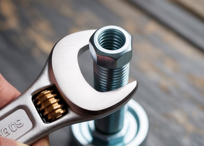 Close-up of a wrench turning a bolt clockwise to loosen it.