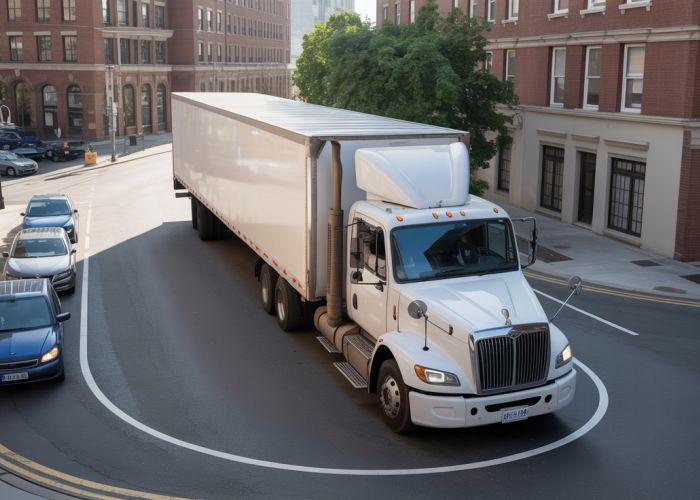 Lorry maneuvering a tight turn in a city street, highlighting turning radius difficulties.
