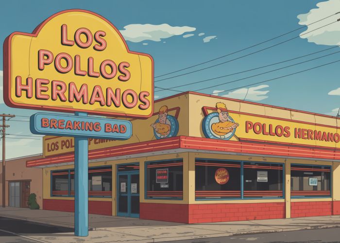 Los Pollos Hermanos restaurant exterior with bright neon sign, symbolizing its complex meaning in Breaking Bad.