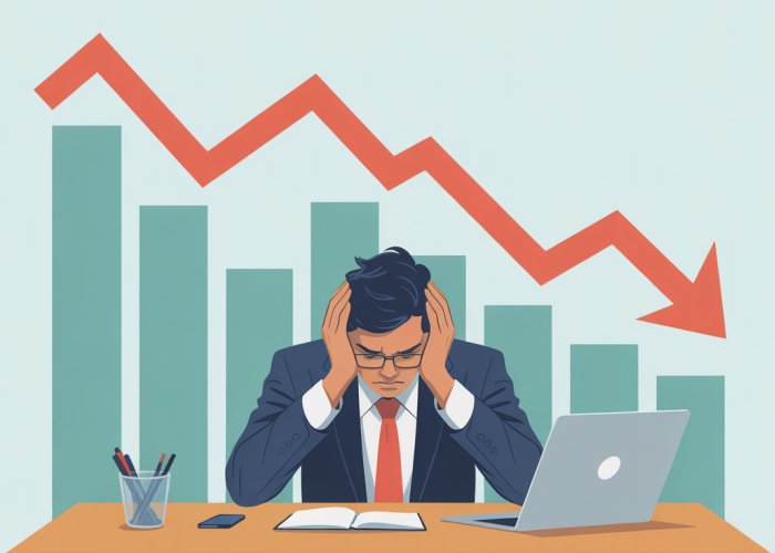 Frustrated business owner facing low sales performance indicated by a downward-trending chart.