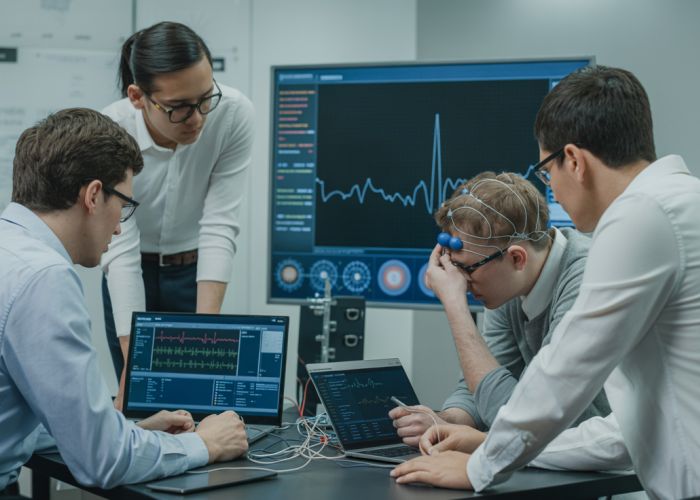 Engineers designing a biofeedback system using Lab Streaming Layer (LSL) with EEG and EMG sensors.