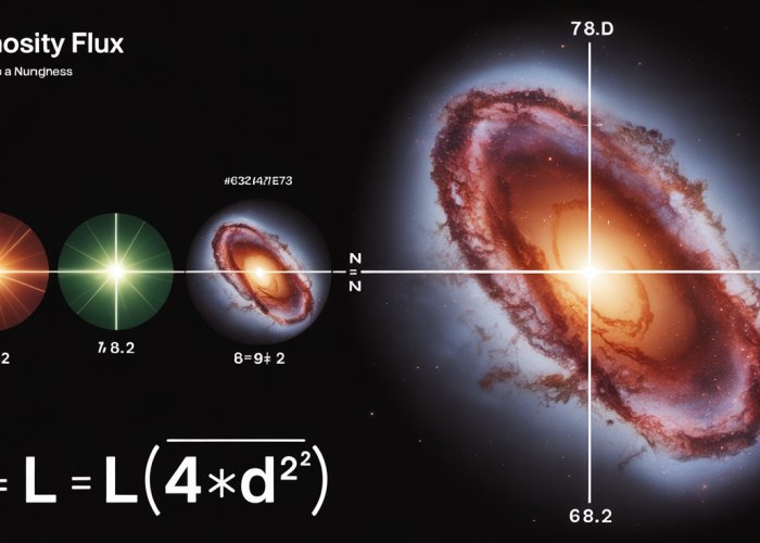 Illustration of the Luminosity Flux Equation, showing how brightness decreases with distance from a star.