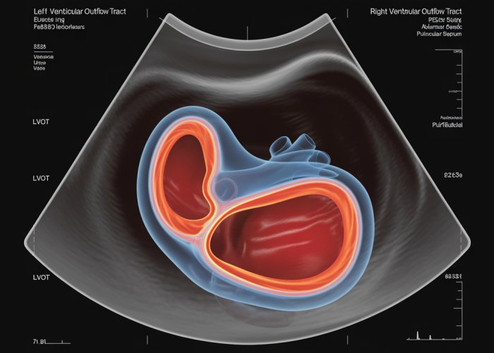 Fetal ultrasound showing the Left Ventricular Outflow Tract (LVOT) and Right Ventricular Outflow Tract (RVOT) with color Doppler.
