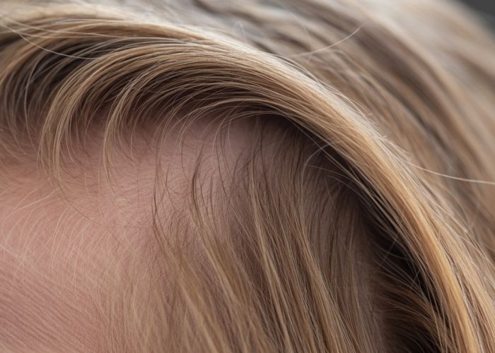 Close-up view of human hair showcasing texture, color variations, and overall condition.