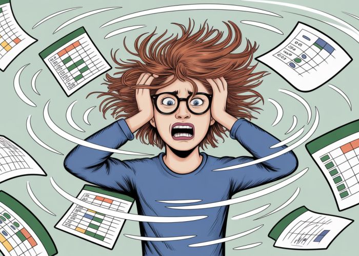 Cartoon of a person overwhelmed by a whirlwind of Excel spreadsheets, representing the feeling of being 'mad in Excel'.