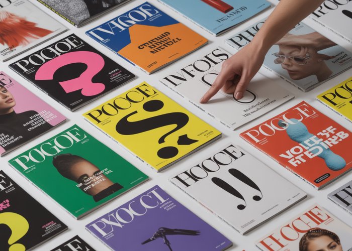 Various magazine covers showcasing different uses of punctuation in their titles, including commas, colons, question marks, and exclamation points.