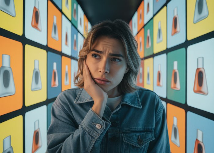 Person looking skeptical amidst glowing advertisements, representing the dangers of manipulative advertising.