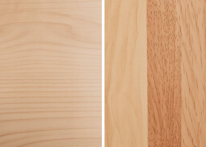 Side-by-side comparison of maple and poplar wood grain, highlighting the differences in color and texture.