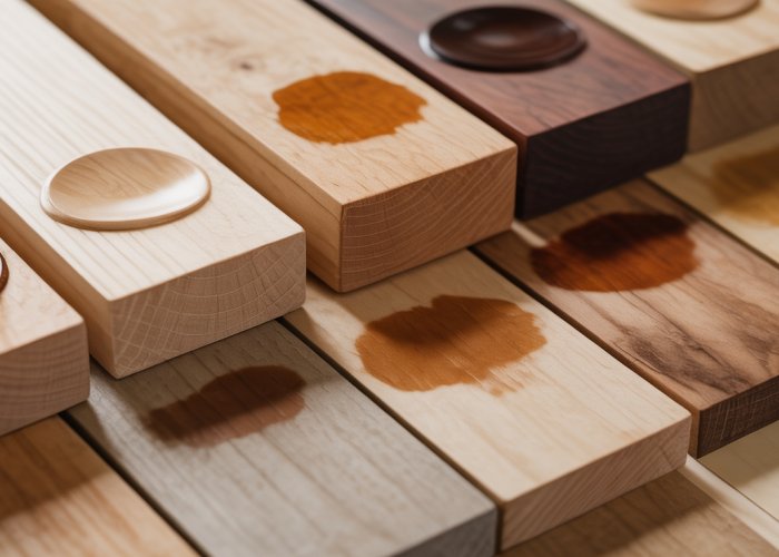 Comparison of light, medium, and dark maple wood stains on different wood samples, highlighting grain and texture.
